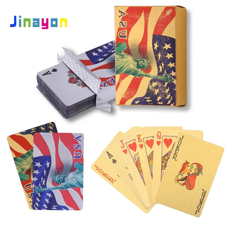 Jinayon atacado personalizado impressão de cor, entretenimento americano, plástico/pvc, jogar cartas, à prova d' água, ouro, pvc, cartão de poker