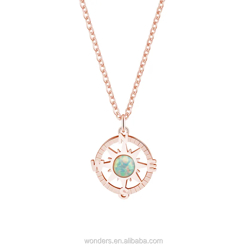 Gold Plated Stone Opal Compass Pendant Necklace Promotion Graduation Gift For School Girls Women