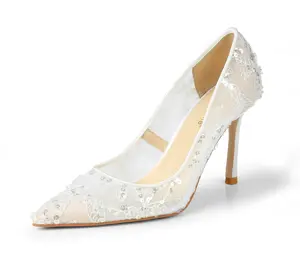 Fashion new design high quality white lace lady low heels women pump bridal wedding shoes for bride