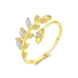 CZCITY Luxury Gold Plated Leaf Shaped 925 Sterling Silver Clear CZ Rings Women Wholesale Open Ring Silver Jewelry