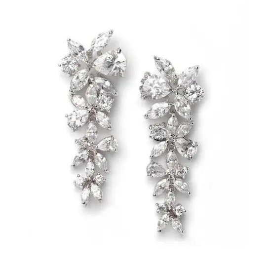 Leaf Shape CZ Stones Long Drop Earring Jewelry for Wedding Bride
