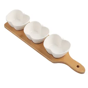 Nordic style creative fruit flower shape irregular tableware snack nut seasoning cake 3 white ceramic plate set with wooden base