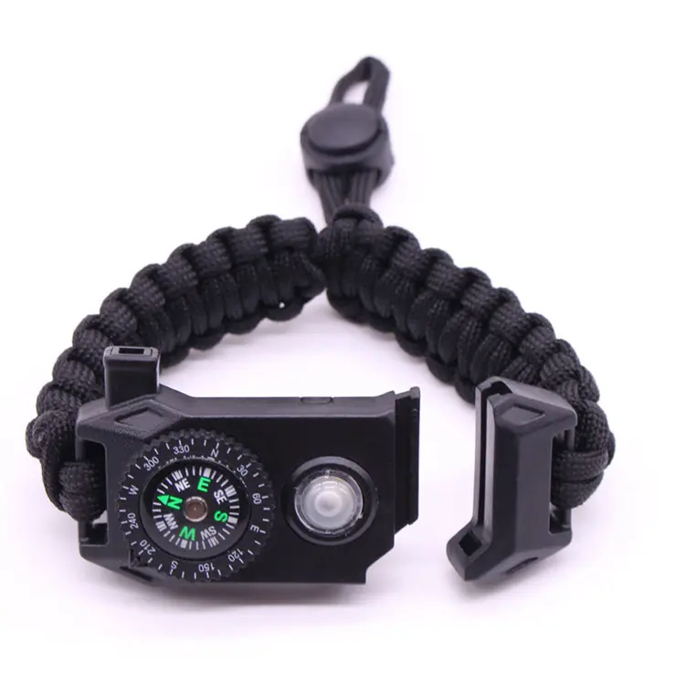 Multifunções LED SOS sobrevivência paracord pulseira com lanterna, bússola, firestarter, apito fivela