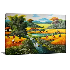 Pintura al Óleo sobre Lienzo <span class=keywords><strong>de</strong></span> <span class=keywords><strong>Campo</strong></span> <span class=keywords><strong>de</strong></span> Arroz con Paisaje <span class=keywords><strong>de</strong></span> Cosecha, Arte Asiático Tradicional Hecho a Mano - Product Image 1
