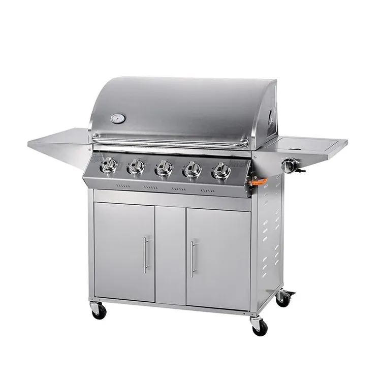 Outdoor Mobile Barbecue Grill A Gas 5 Fuochi con Cofano Tondo e Termometro