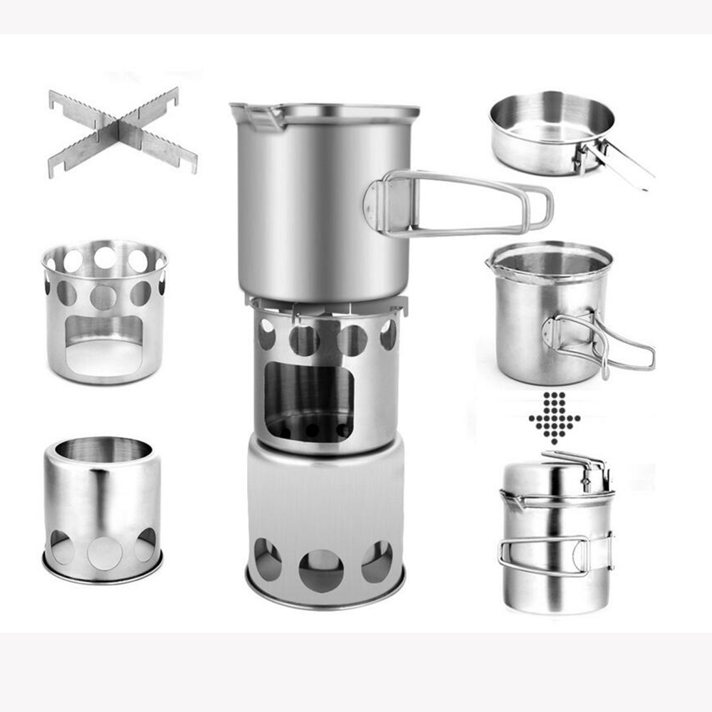 Outdoor Tableware Camping Cookware Mess Kit Stainless Steel Folding Wood Stove Pot Pan Set Camping Stove