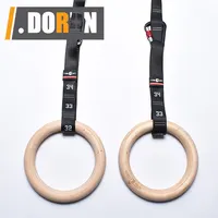Wooden Gymnastic Ring Set with Adjustable Carabier Straps for Pull-up Exercise