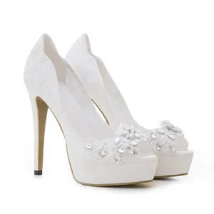 New fashion bridal shoe lace material with diamonds buckle high heel platform peep toe dress shoes