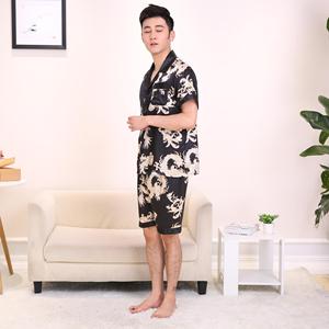 ชุดนอนผู้ชายพิมพ์ลายมังกรผ้าไหม,สไตล์ฤดูร้อนชุดนอนแขนสั้นคอเสื้อและกางเกงขาสั้นสุดหรูสำหรับผู้ชาย