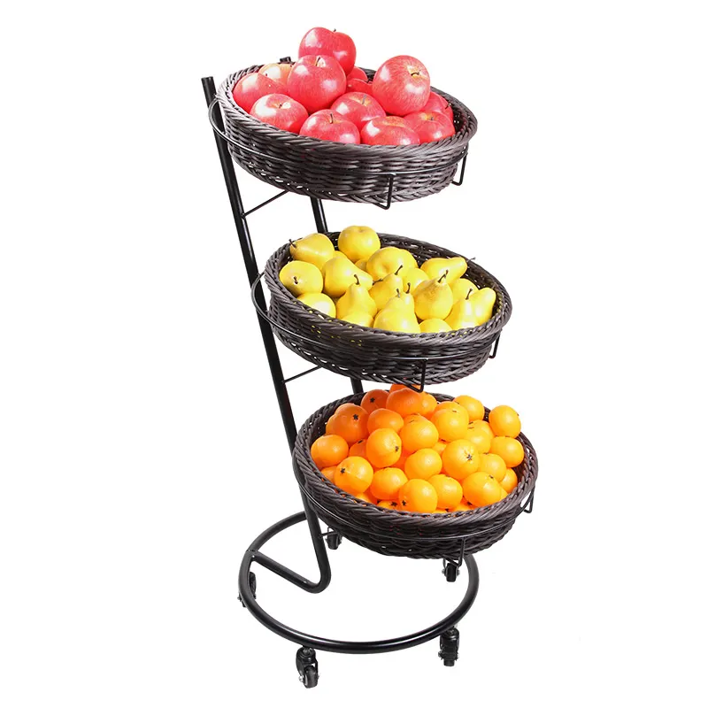 Tre strato di frutta e verdura di visualizzazione rack con pp cesti in rattan