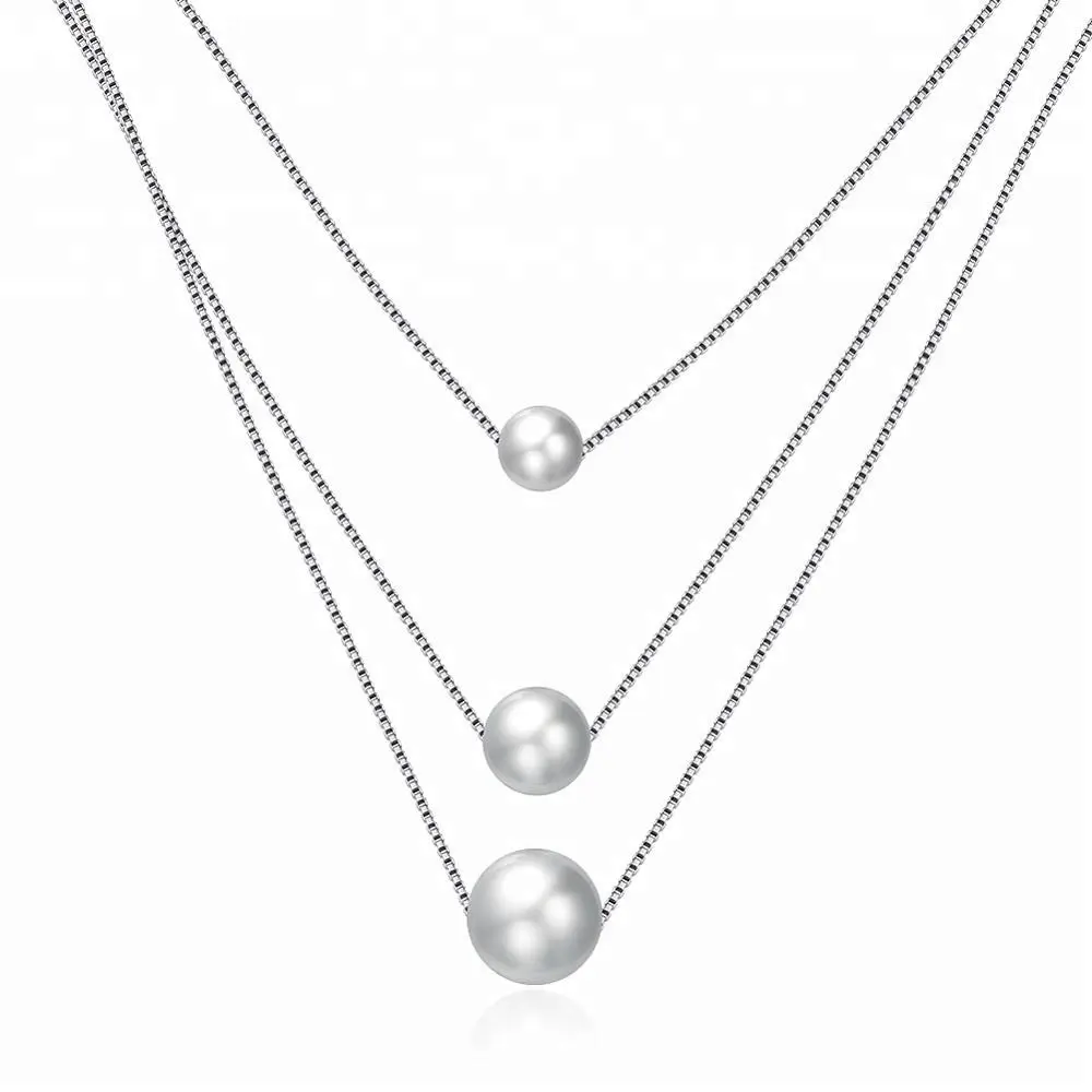 925 Sterling Kalung Perak Multi Lapis Mutiara, Desain 3 Baris untuk Wanita