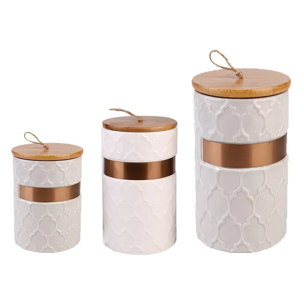 High quality white porcelain tea coffee airtight kitchen canister sets ceramic with bamboo lid