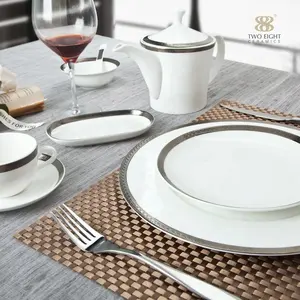 Костяные фарфоровые обеденные тарелки для отеля, белые серебряные тарелки, Высококачественная тонкая фарфоровая посуда, наклейка, посуда