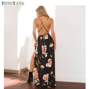 <span class=keywords><strong>Abito</strong></span> lungo estivo TONGYANG <span class=keywords><strong>abito</strong></span> con stampa floreale da donna scollo a v senza maniche cinturino per Spaghetti <span class=keywords><strong>abito</strong></span> lungo Sexy con spacco laterale senza schienale - Product Image 2