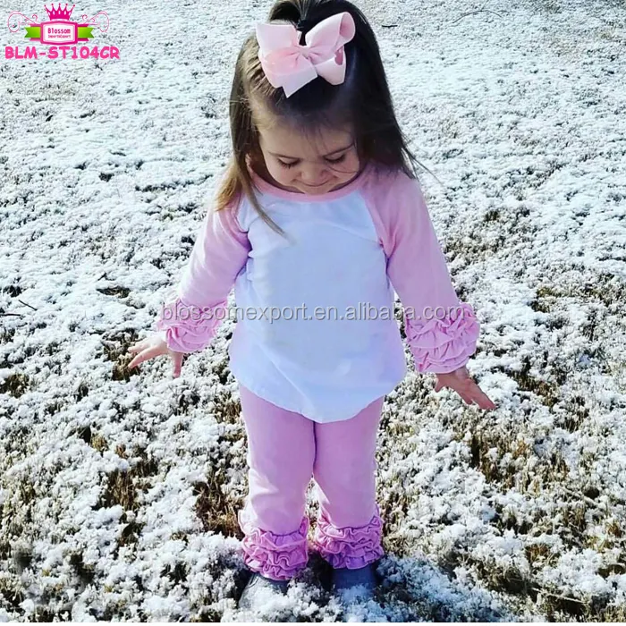 Meninos e Meninas de Confeiteiro Irritar Raglan Roupa Por Atacado Roupa de Crianças Triplo Ruffle Legging Crianças Calças e Top Plissado Conjunto Raglan