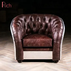 Poltrona Singola Retrò Industriale Classica Americana in Pelle Vintage con Bottoni e Trapuntatura Profonda, <span class=keywords><strong>Divano</strong></span> in Alluminio - Product Image 1
