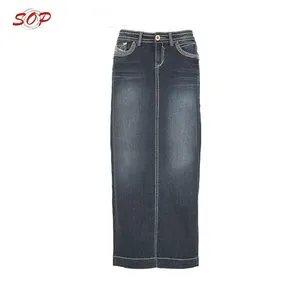 Женская длинная прямая джинсовая юбка с карманом спереди
