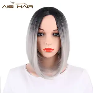 Aisi Hair Venta al por mayor Bob Pelucas Seda Corto Recto Negro Plata Ombre Color Pelucas sintéticas resistentes al calor para mujeres negras