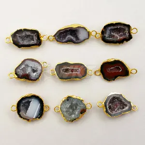 WT-C216 Wholesale Natural Irregular Natural Geode Agate Connector With 24k Real Gold Plated Jewelry For Necklace Bracelet