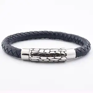 Newest Design Bulk Navy Blue Leather Bracelet Stainless Steel Accessories Multilayer For Men Black Wrap Leather Bracelet