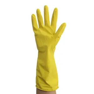 Geel huishoudelijke schoonmaakmiddelen latex kittchen rubber handschoen met aangepaste verpakking