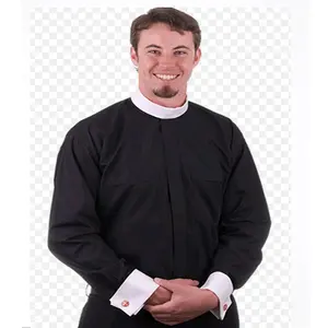 Personalizar camisa curta preta clergy masculina para a igreja