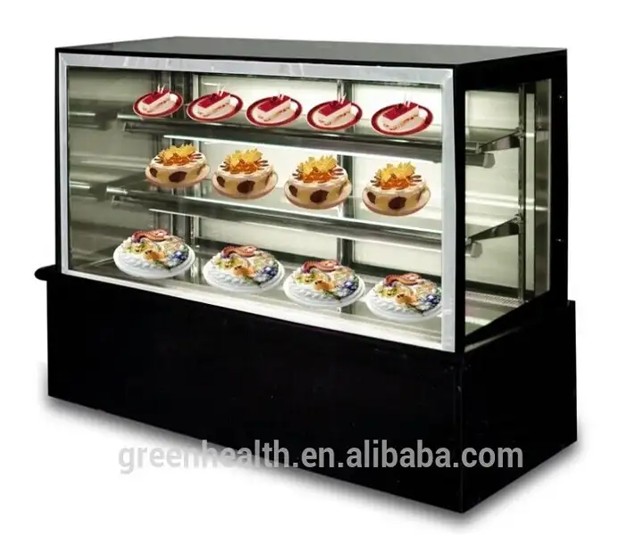Verde & saúde bolo padaria vitrine de exibição balcão refrigerador comercial com vidro curvo