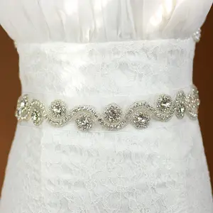 Wholesale Crystal Bridal Sash Wedding Dress Belt Crystal Rhinestone Pearl Applique Silver Beaded Patch Bridal Sash LSBS004