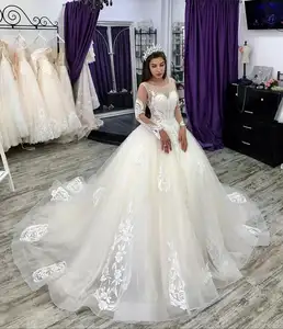Vải Tuyn thanh lịch Corset Dài Tay Áo Bridal Gown Wedding Dresses Bóng