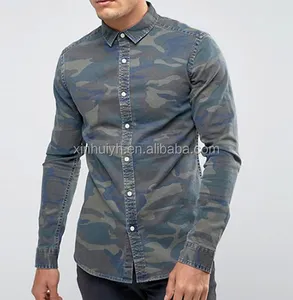 Degli uomini Della Camicia Denim Nero Camo Shirt Mens Manica Lunga Camicia di Jeans OEM All'ingrosso