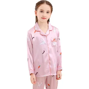 garoto mais pó Suppliers-Conjunto de pijama de seda cetim infantil, roupa de dormir de manga comprida para meninas e crianças