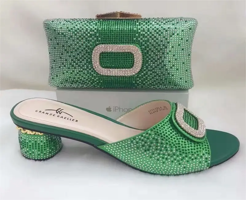 Wholesale Italian Shoes And Bag Set 2019 Green Color Low Heel Shoes And Matching Bags For Women Party Wedding