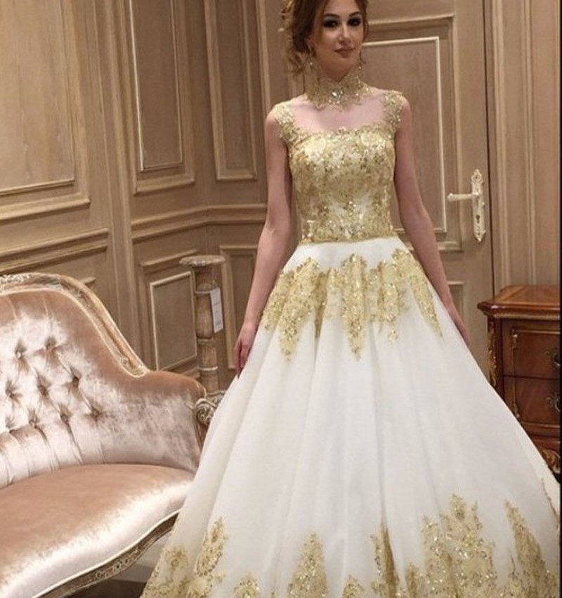 gold bridal dress Luxurious Gold Wedding Dresses Ball Gown Sequin Beaded main image 1