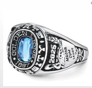 Antique Silver Boys School Ring With Faceted Blue Stone