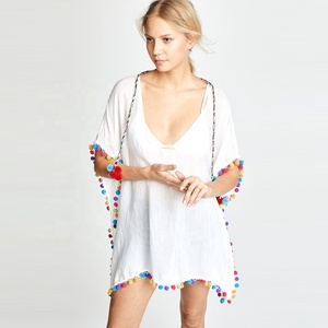 Blusa <span class=keywords><strong>de</strong></span> moda blanca con parte inferior <span class=keywords><strong>de</strong></span> Bikini brasileño elegante al por mayor, blusa informal para mujer con decoración <span class=keywords><strong>de</strong></span> borlas, 1 pieza, teñida lisa - Product Image 1