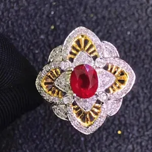 Perhiasan Marcasite Thailand 18K Cincin Rubi Tanpa Panas Alami Berlian Asli Afrika Selatan Emas untuk Cincin Ibu Wanita