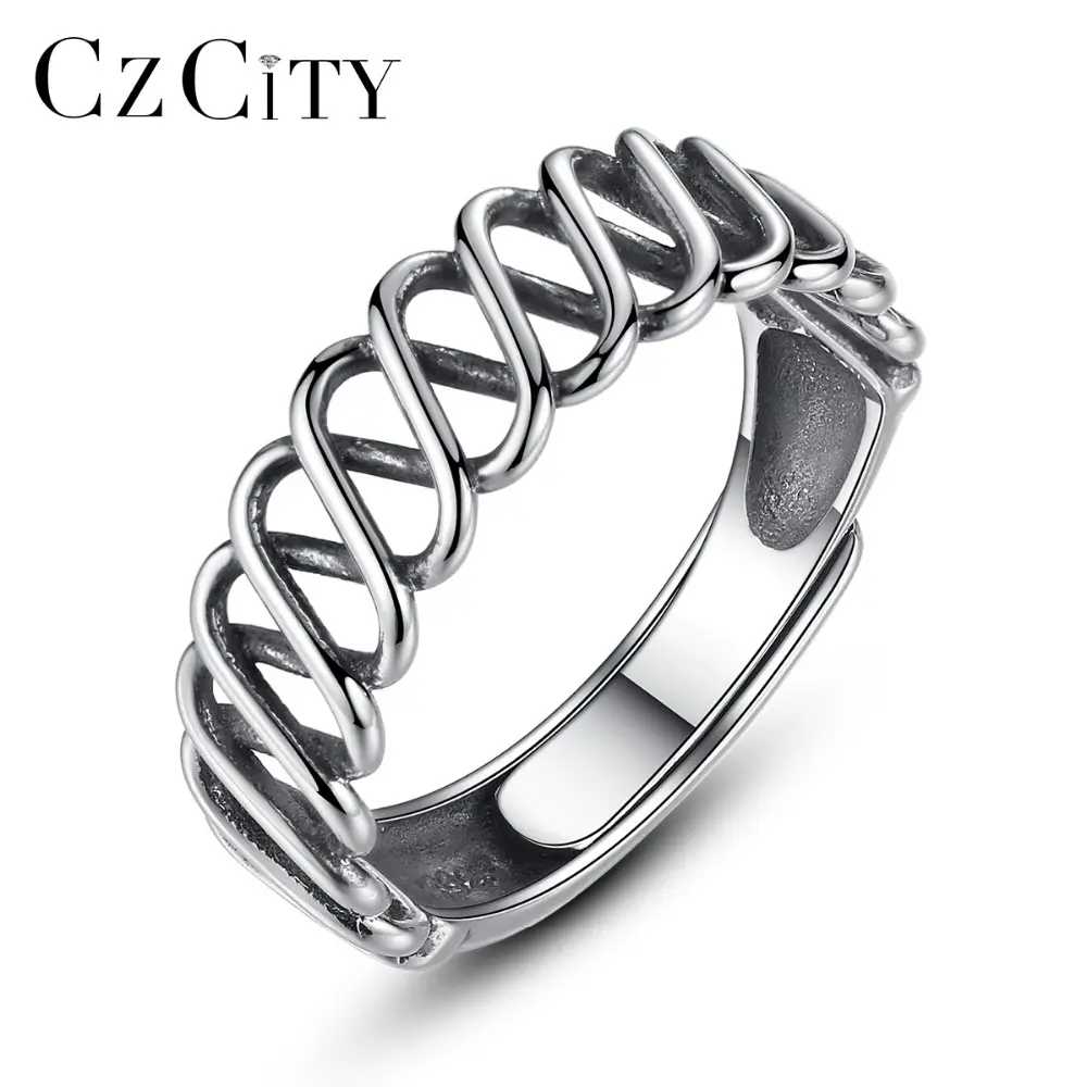 Czcity 925 Sterling Zilver Zwart Thailand Zilver Hollow Fashion Statement Twist Wave Ring Sterling Zilver