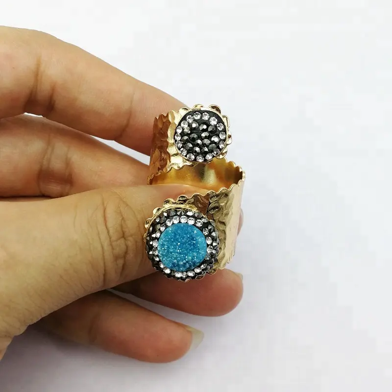 Doppio druzy quarzo acquamarina anello pietra preziosa diamante pavè oro regolabile druper aprire anelli regolabili gioielli regali