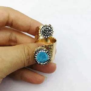 Double druzy quartz aquamarine stones ring gemstone diamond pave gold adjustable drusy open adjustable rings jewellery gifts