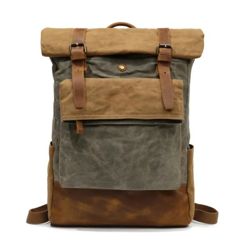 Dreamtop DTB353 waterproof waxed canvas top roll rucksack vintage hiking laptop canvas backpack men