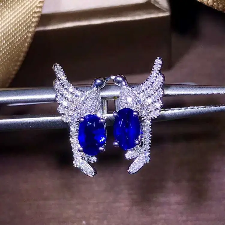 피닉스 모양 원석 귀 보석 18K 금 남아프리카 다이아몬드 0.8ct 스리랑카 여자를 위한 자연적인 파란 사파이어 장식 못 귀걸이