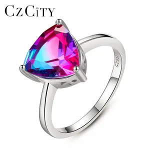 CZCITY แหวนเงินแท้รูปสามเหลี่ยมสำหรับผู้หญิง,พลอยเทียมลายไฟสีรุ้งเครื่องประดับเงินแท้925สำหรับฤดูร้อน