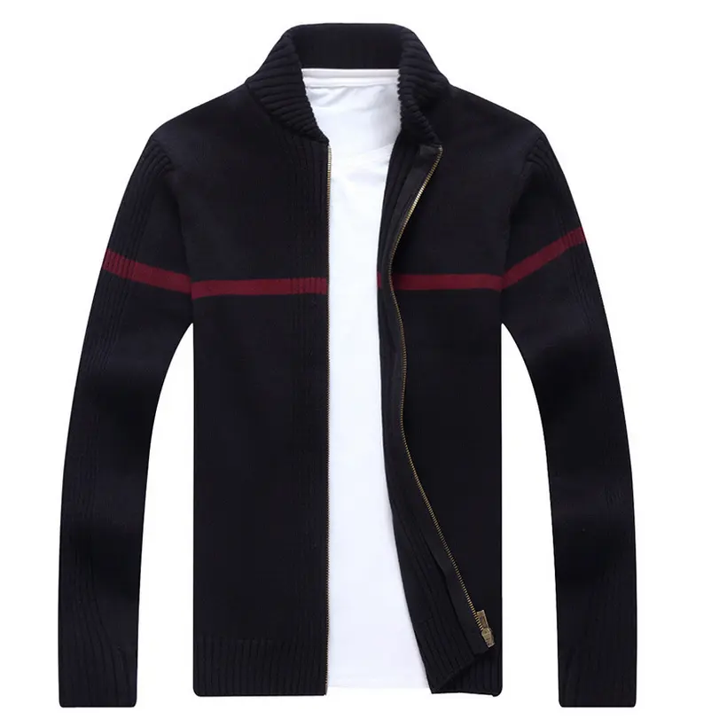 2017 factory wholesale new design men zip-up stand collar plain color long sleeve man jacket knit cotton cardigan sweater