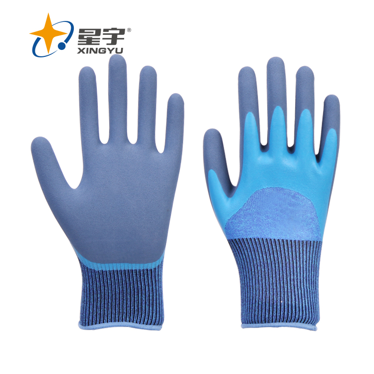 Топ XINGYU 15 г синий нейлон оболочка синий латекс 3/4 покрытый внутренний серый латекс песчаный большой палец покрытые перчатки для рабочих