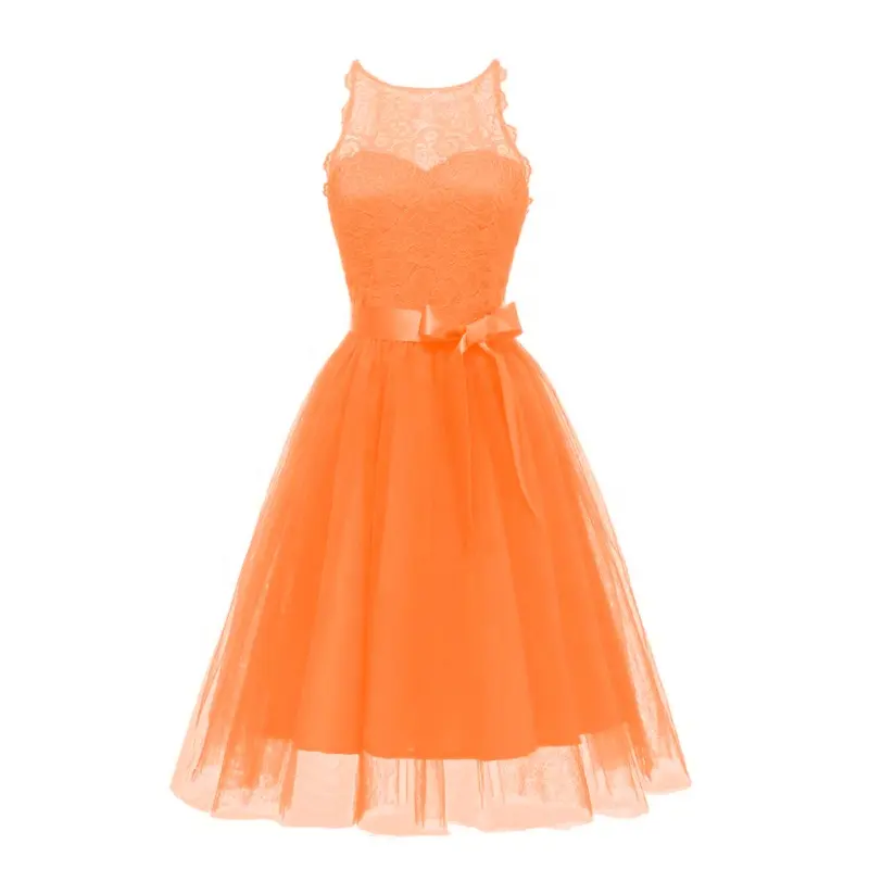 할인 소녀 독점 짧은 레이스 오렌지 들러리 드레스