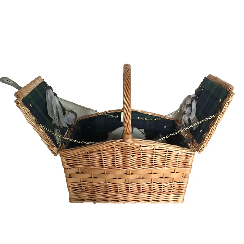 Woven Wicker Basket With Tableware Lining Handle Picnic For 4 persons Camping