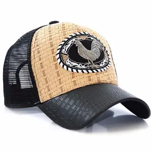 Sombreros de malla con logotipo de Metal, gorra de camionero de paja, sombrero personalizado Natural con visera de cuero, gorras de béisbol para papá, 6 paneles