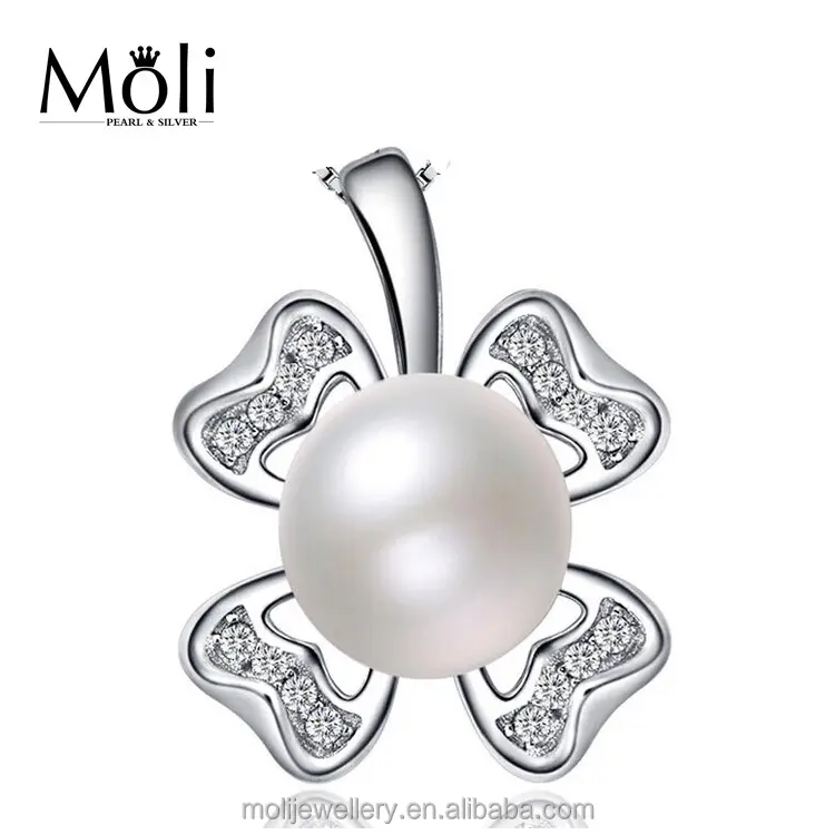 Sentimental Value Lucky Four 4 Leaves Clover Design 8-9mm Button Freshwater Pearl Pendant