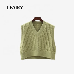 Custom Vintage v Neck Cable Knitted Sleeveless Custom Ladies <strong>Vest</strong> High Waist Short <strong>Crop</strong> Custom <strong>Sweater</strong> <strong>Vest</strong> Women - Product Image 2