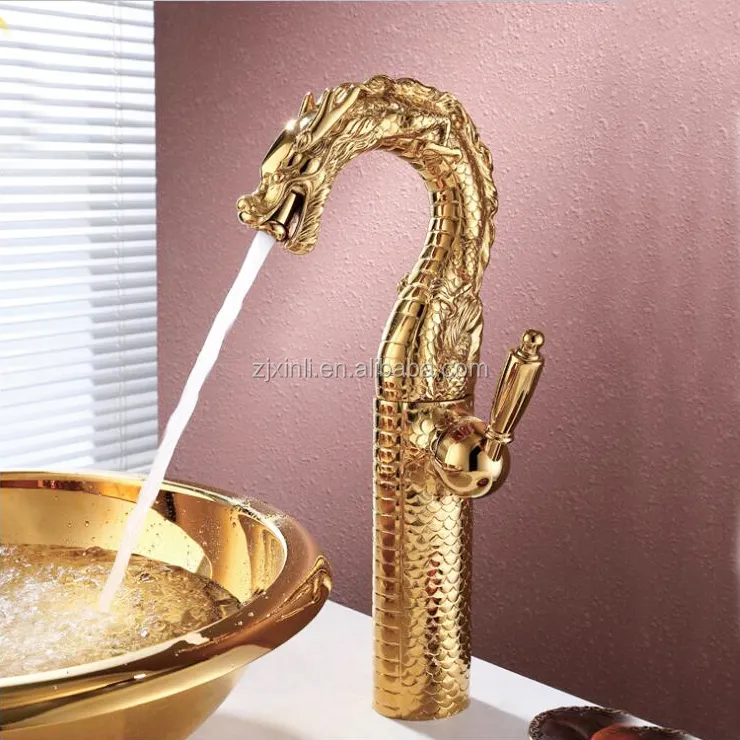 X8624B4-grifo de lavabo de baño con un solo Mango, Material de latón, Color dorado, diseño artístico de dragón